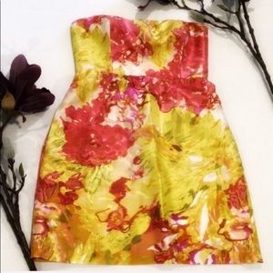 J Crew Silk Dress Strapless Floral Impressionist, size 2, White, Yellow, Pink